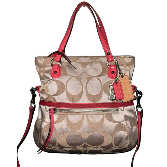 Coach Canvas Signature Horses and Carriage Hobo Tote Bag- Pink/Khaki - Picture 1 of 16